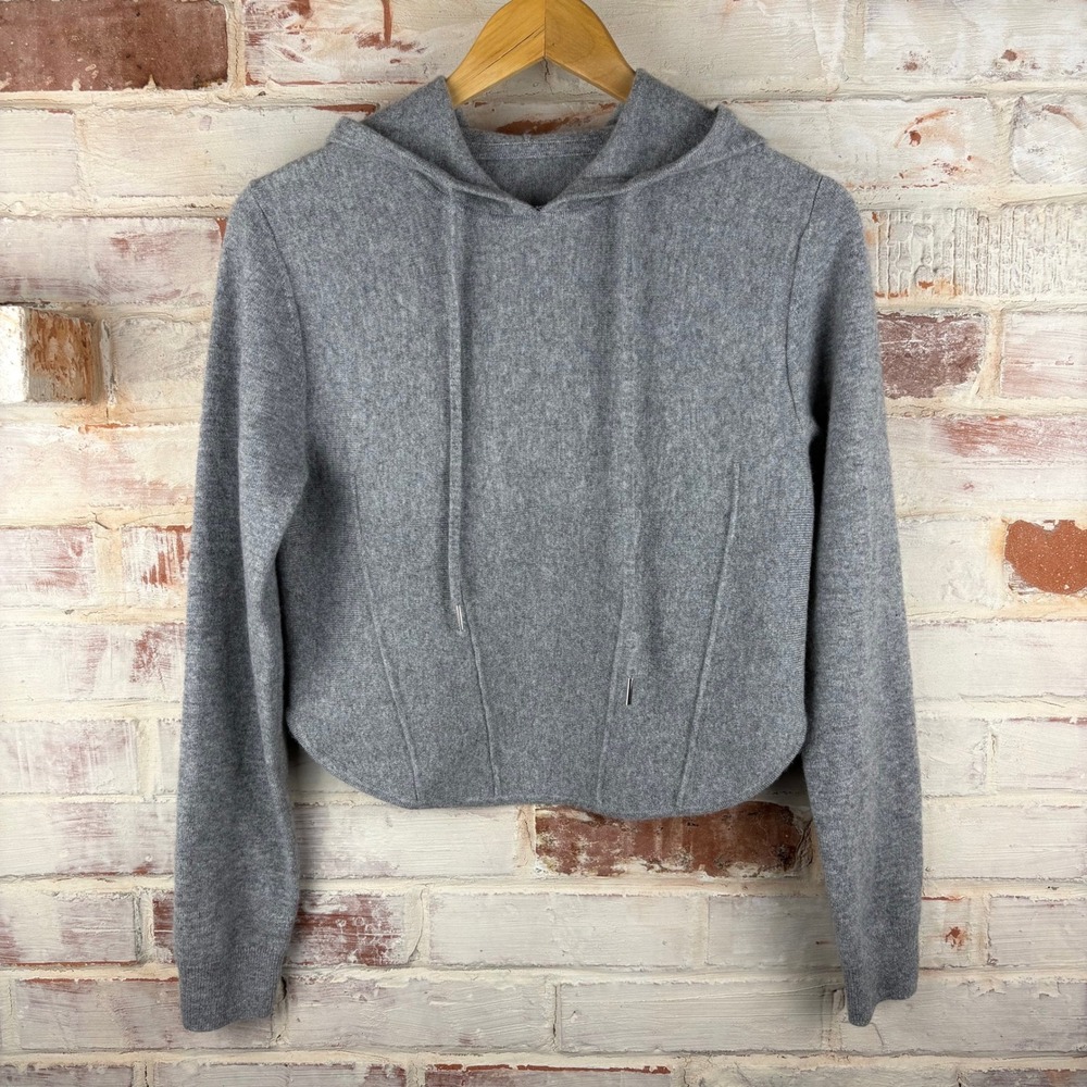 100% Cashmere Cropped Hoodie Gray Corset Seaming Silver Aglets XS/S No Brand
